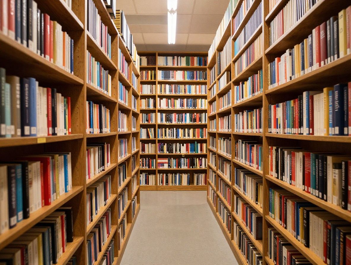 Przestronne, spokojne wnętrze biblioteki badawczej z rzędami drewnianych półek wypełnionych grubymi tomami naukowych książek, ciepłe bursztynowe oświetlenie lamp stołowych, puste biurko z notatkami i otwartą książką