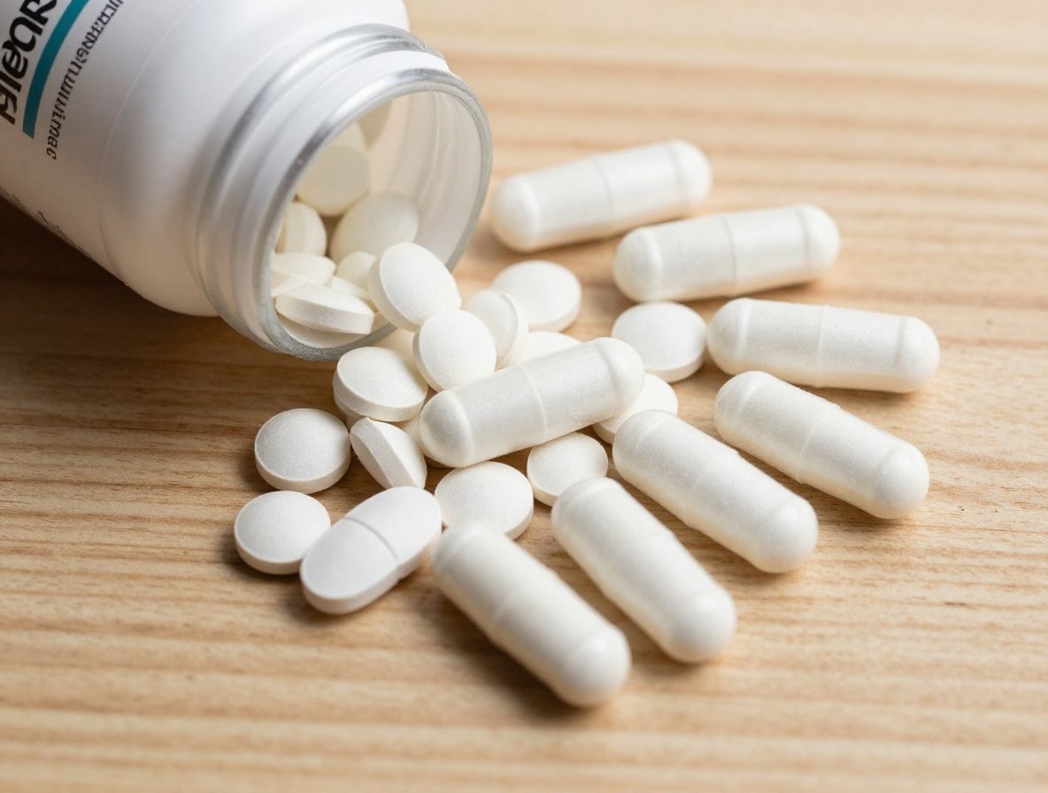 Różne formy suplementów diety: kapsułki, proszki i tabletki w szklanych słoikach laboratoryjnych ustawionych rzędami na drewnianej półce, oświetlenie boczne podkreślające transparentność pojemników i barwy zawartości