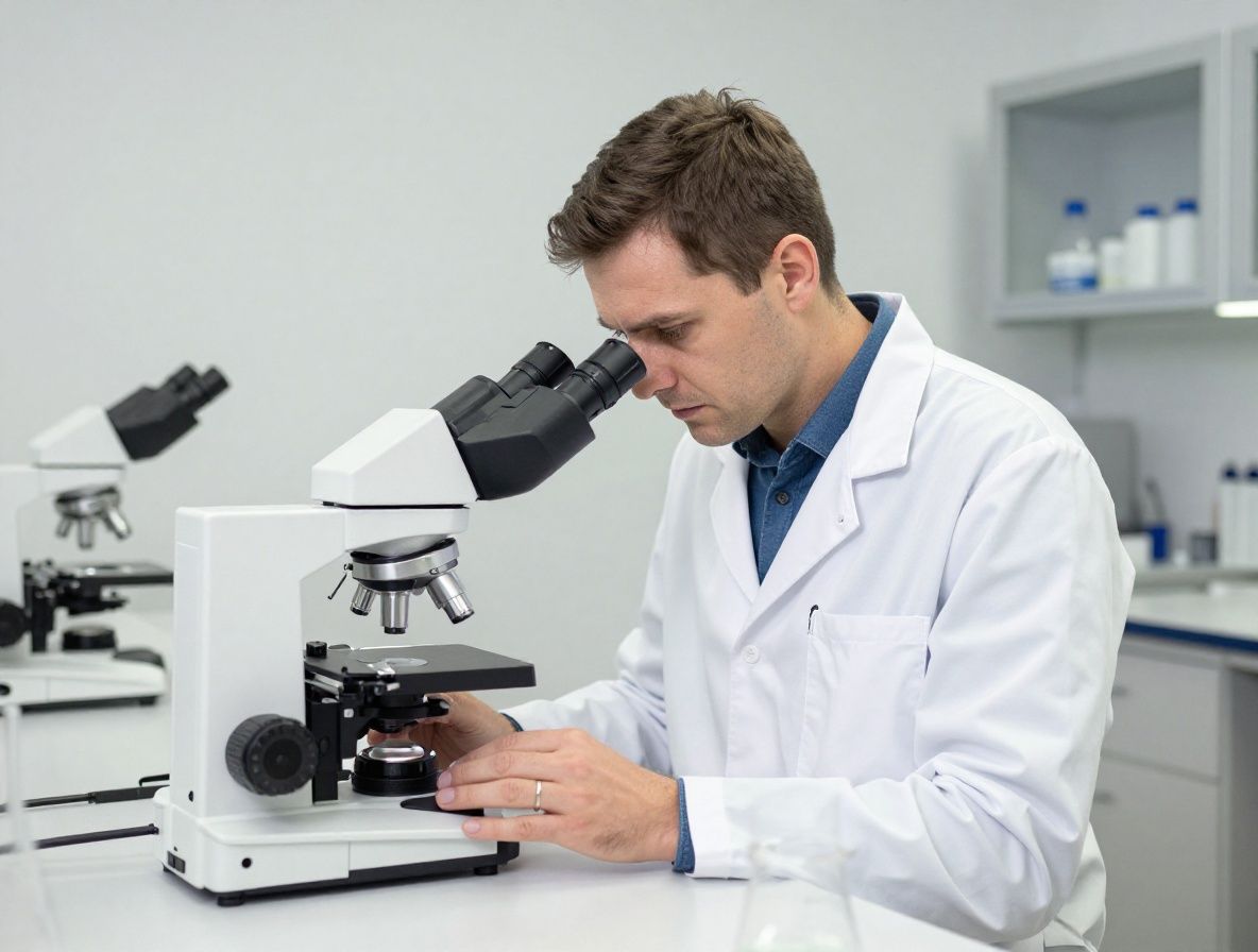 Naukowiec w białym fartuchu laboratoryjnym analizujący próbki przy użyciu mikroskopu w nowoczesnym laboratorium badawczym — widoczne szklane naczynia laboratoryjne i aparatura w tle przy ciepłym świetle