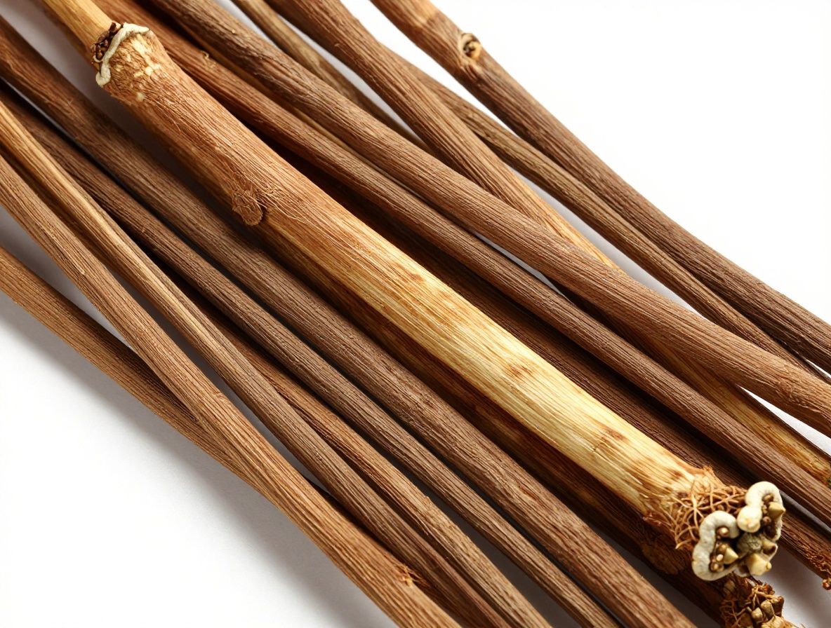 Suszone korzenie rośliny ashwagandha (Withania somnifera) ułożone na naturalnym jutowym tle, widoczna chropowata tekstura korzeni w ciepłych, brązowo-kremowych barwach z dramatycznym oświetleniem