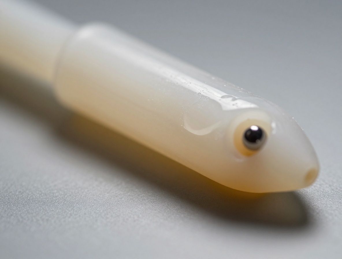 Krople przezroczystego żelu kwasu hialuronowego na szklanej płytce laboratoryjnej w makroprzybliżeniu — lepka, wiskoelastyczna substancja o szklistej transparentności w miękkim oświetleniu