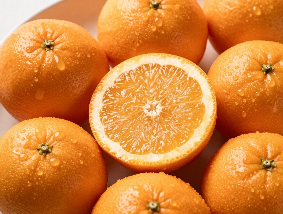 Przekrojone owoce cytrusowe: pomarańcze i cytryny na ciemnym tle z kroplami soku, intensywnie pomarańczowe i żółte kolory kontrastujące z głębokim ciemnym tłem w fotografii produktowej